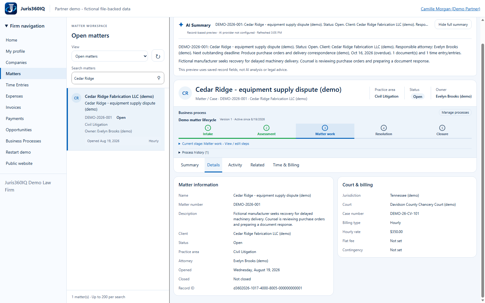 Check the recorded engagement and facts. Actual captured fictional application screen.