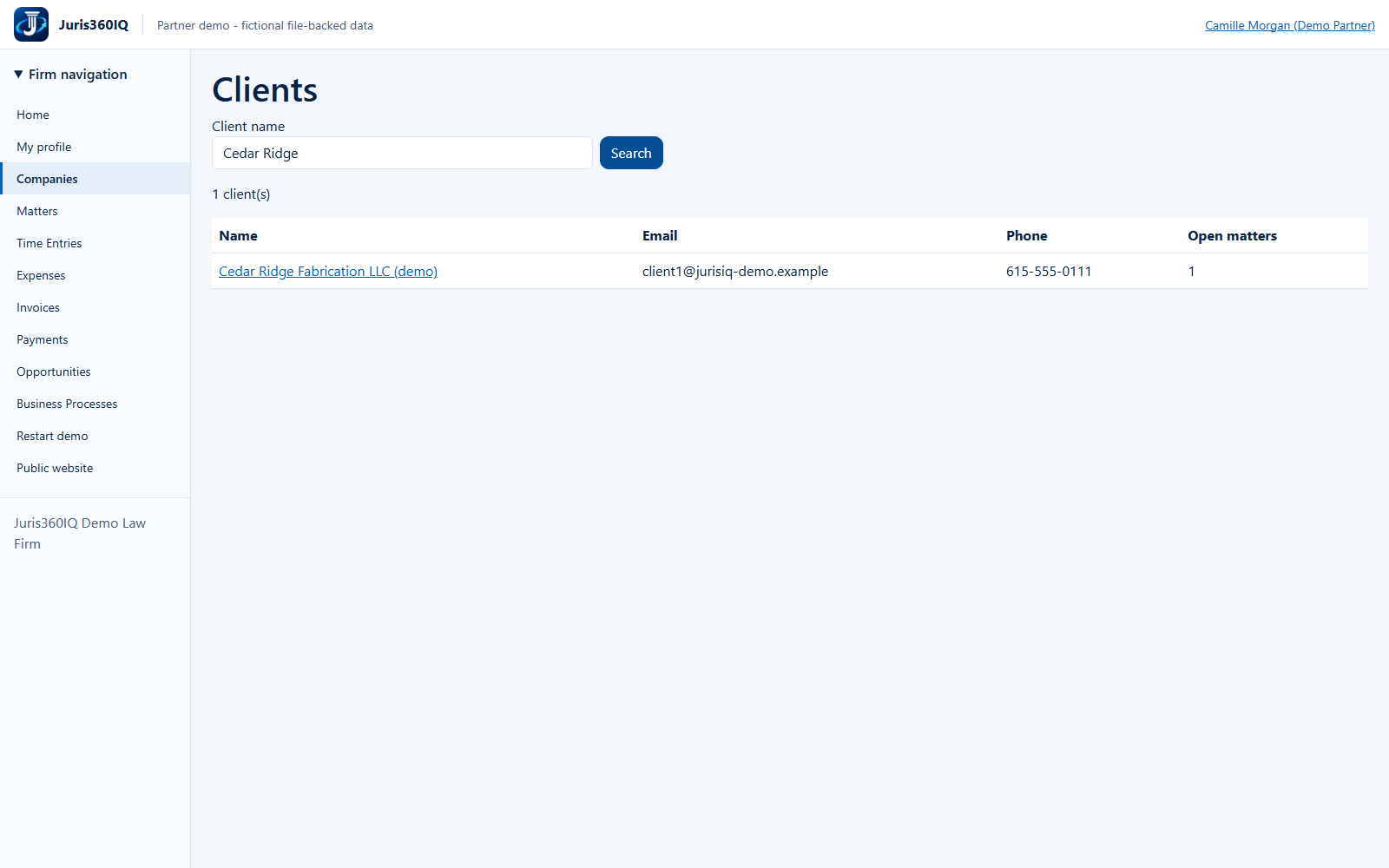 Confirm the client before recording work. Actual captured fictional application screen.
