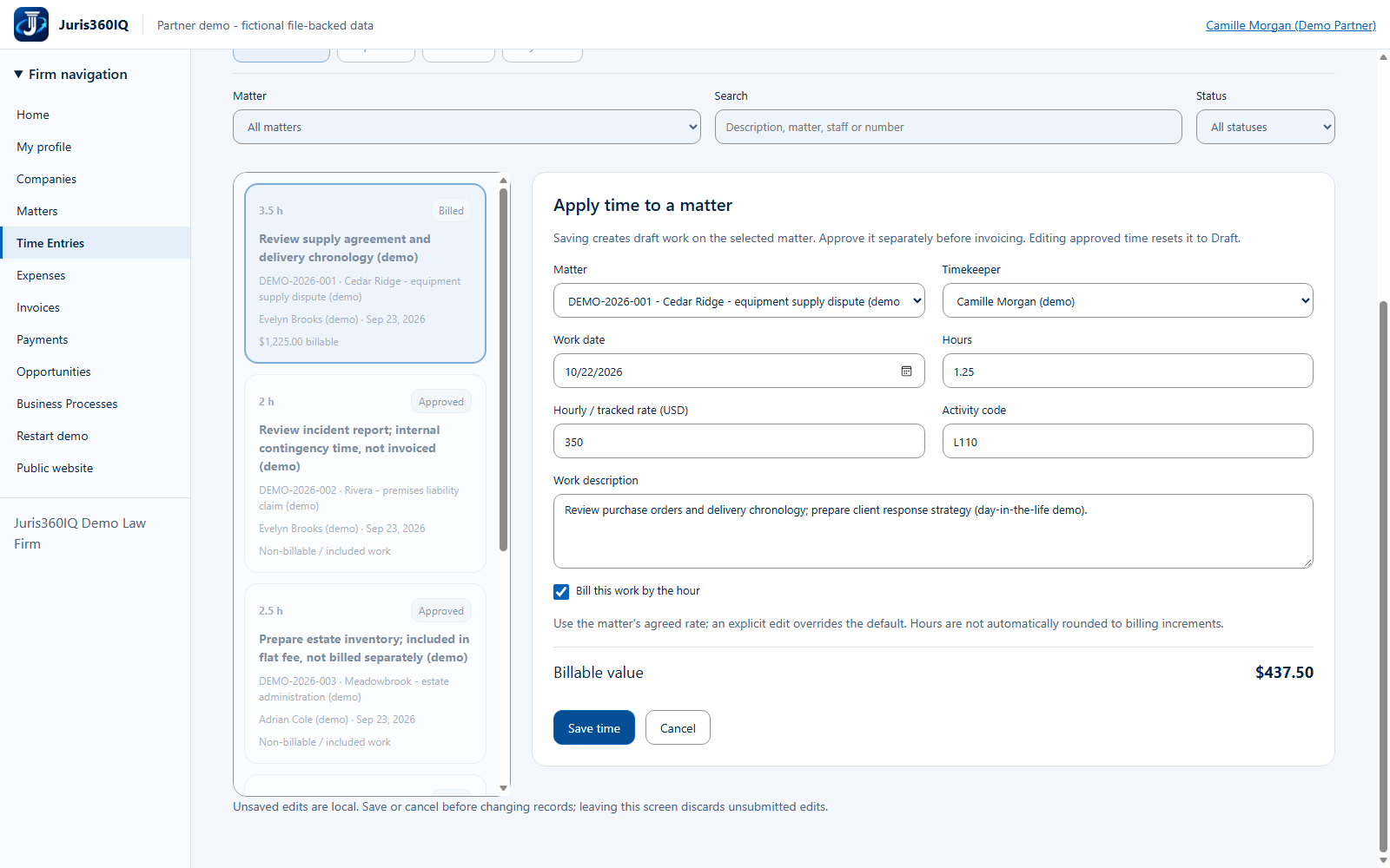 Save the corrected time entry. Actual captured fictional application screen.