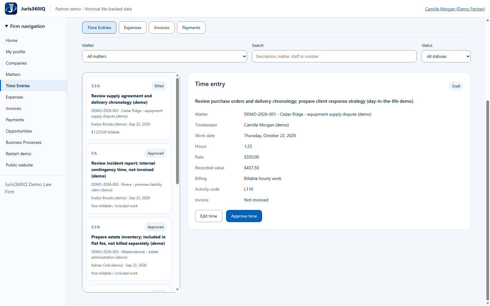Review the saved Draft before approval. Actual captured fictional application screen.