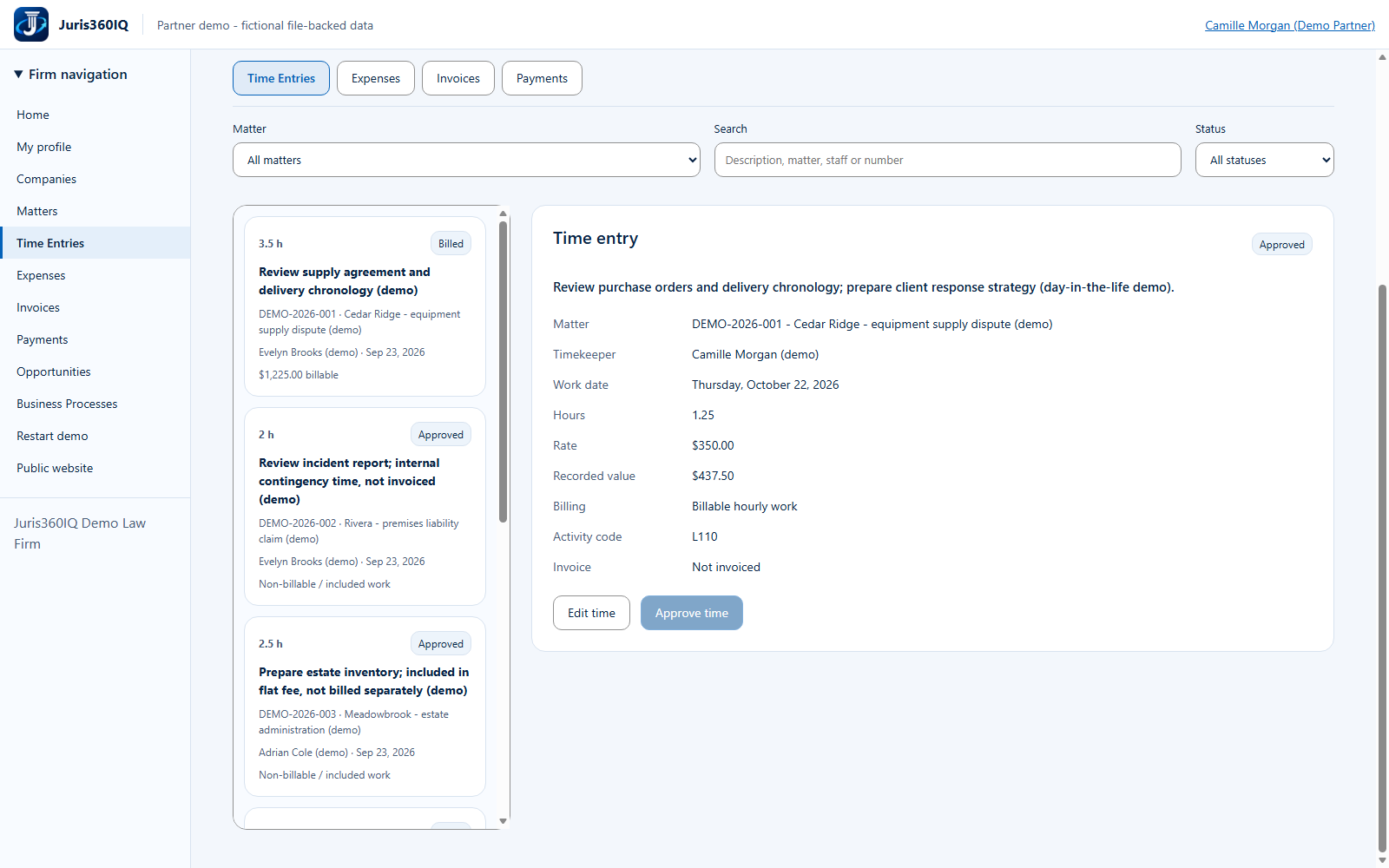 Verify Approved time is ready for billing. Actual captured fictional application screen.