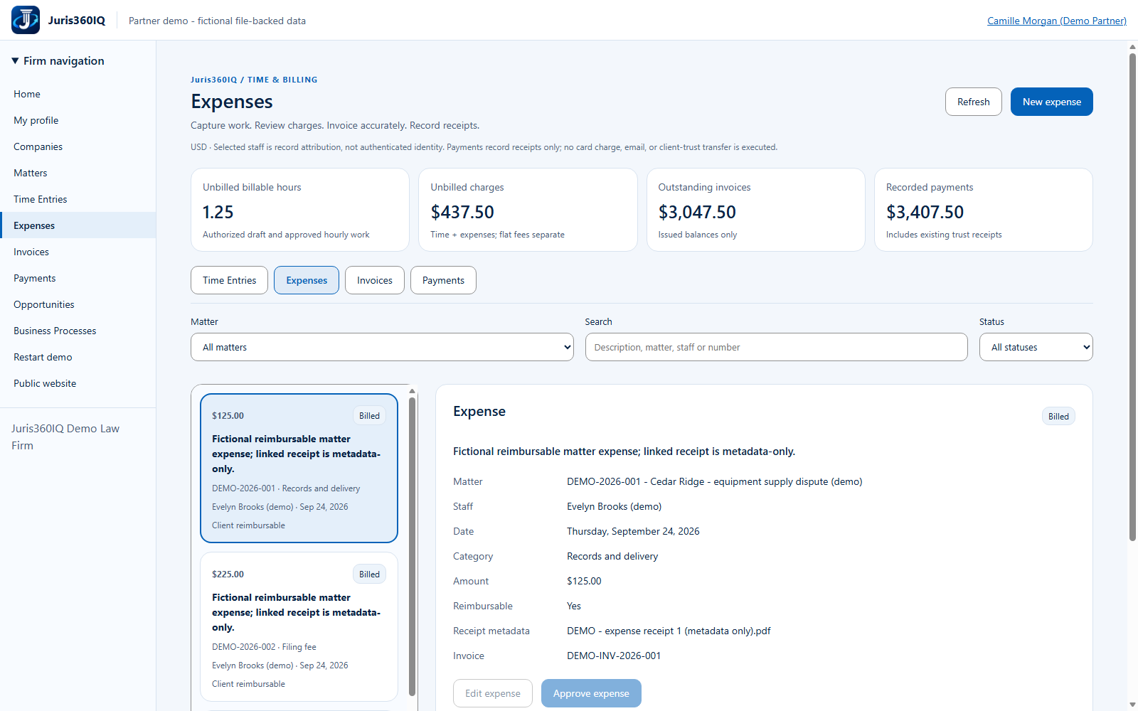 Keep matter costs with the file. Actual captured fictional application screen.
