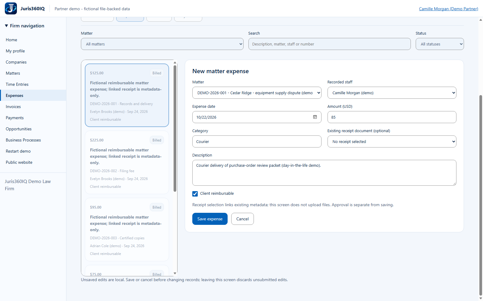Enter the reimbursable courier cost. Actual captured fictional application screen.
