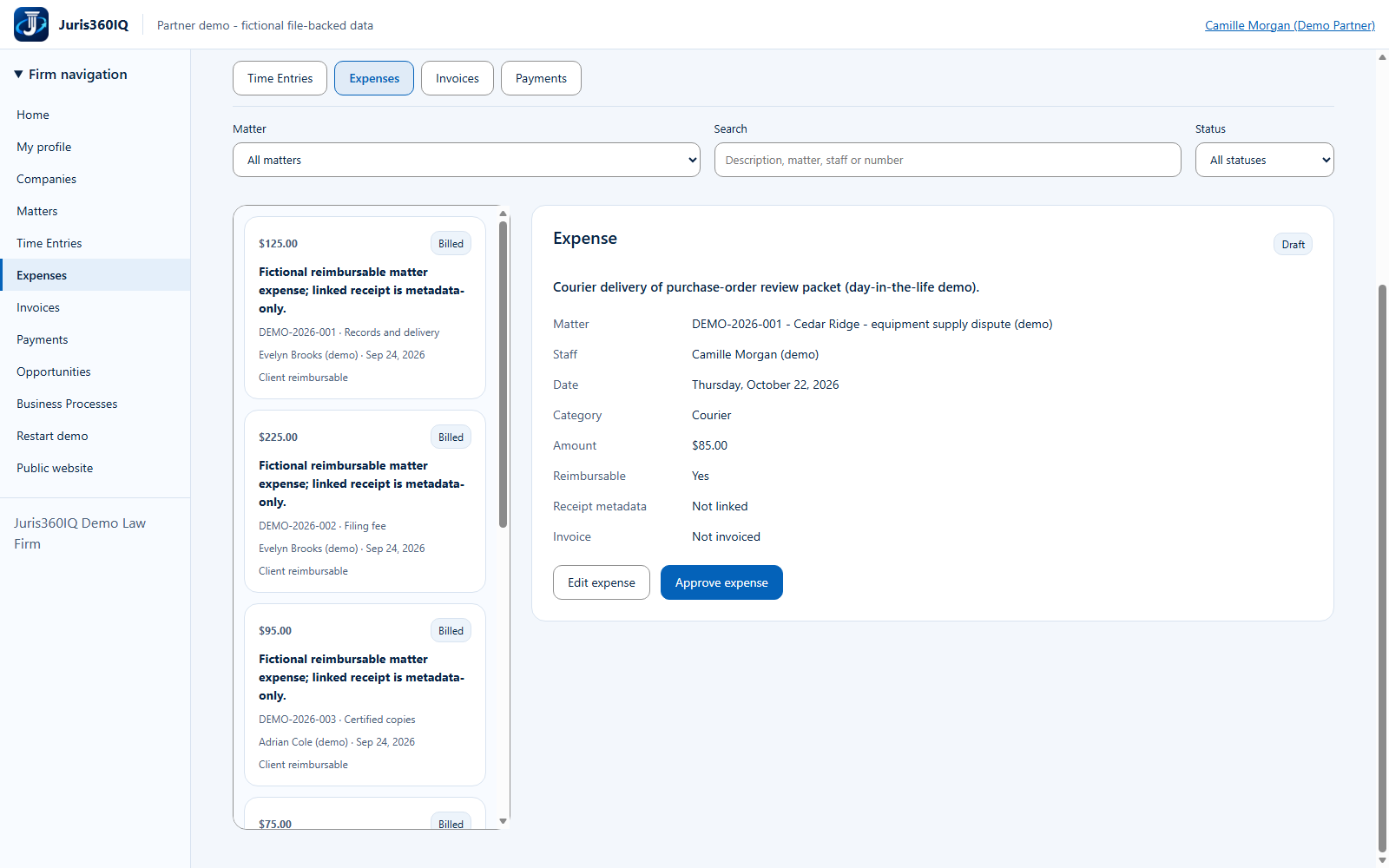 Review and approve the saved expense. Actual captured fictional application screen.