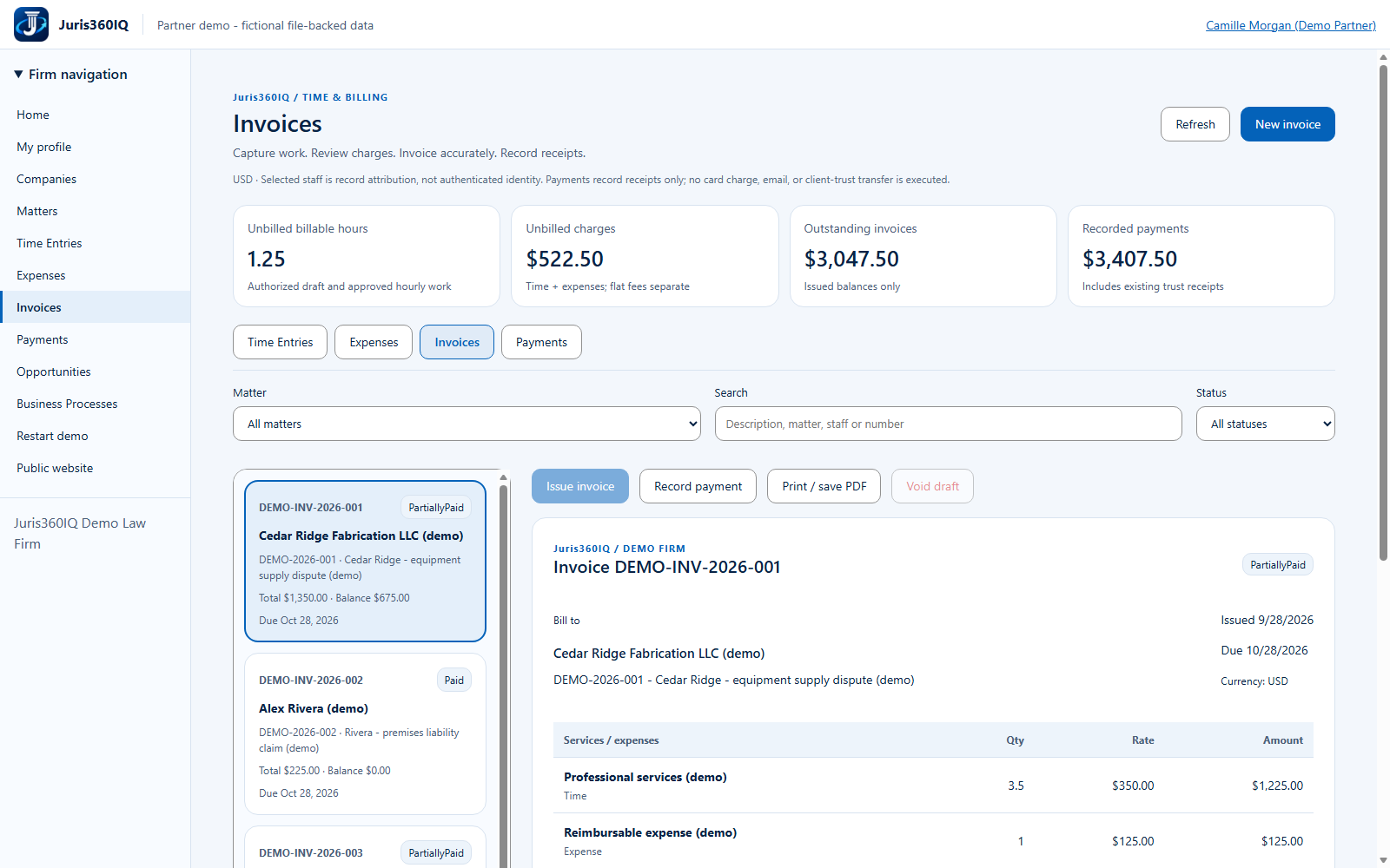Build an invoice from reviewed work. Actual captured fictional application screen.