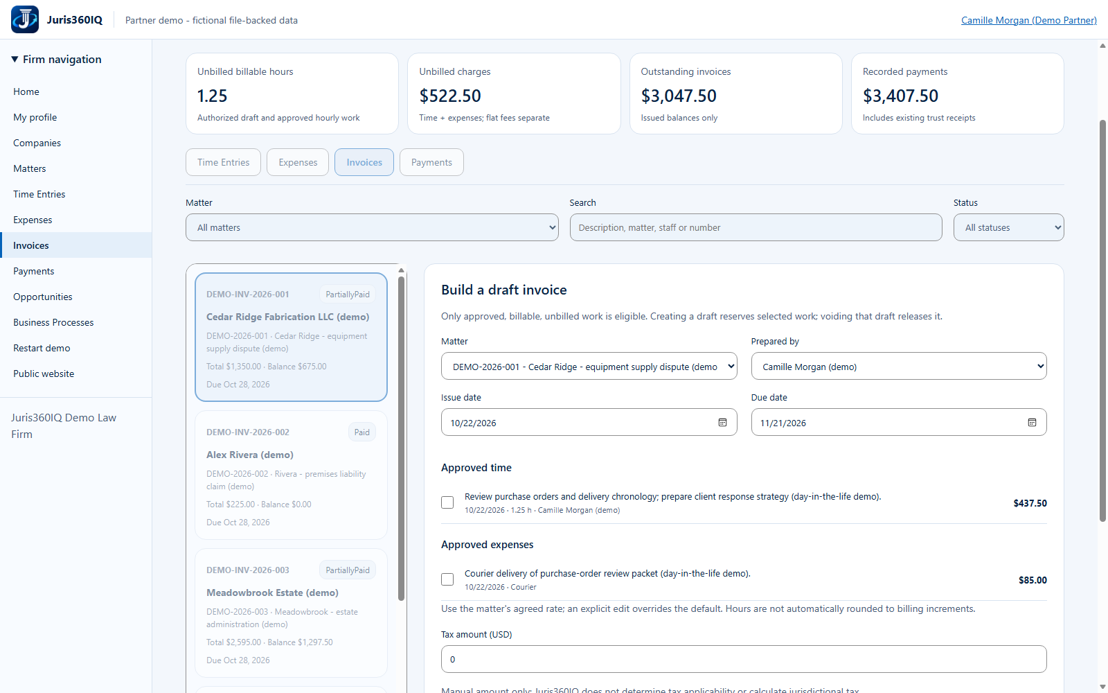 Choose the matter, preparer and dates. Actual captured fictional application screen.