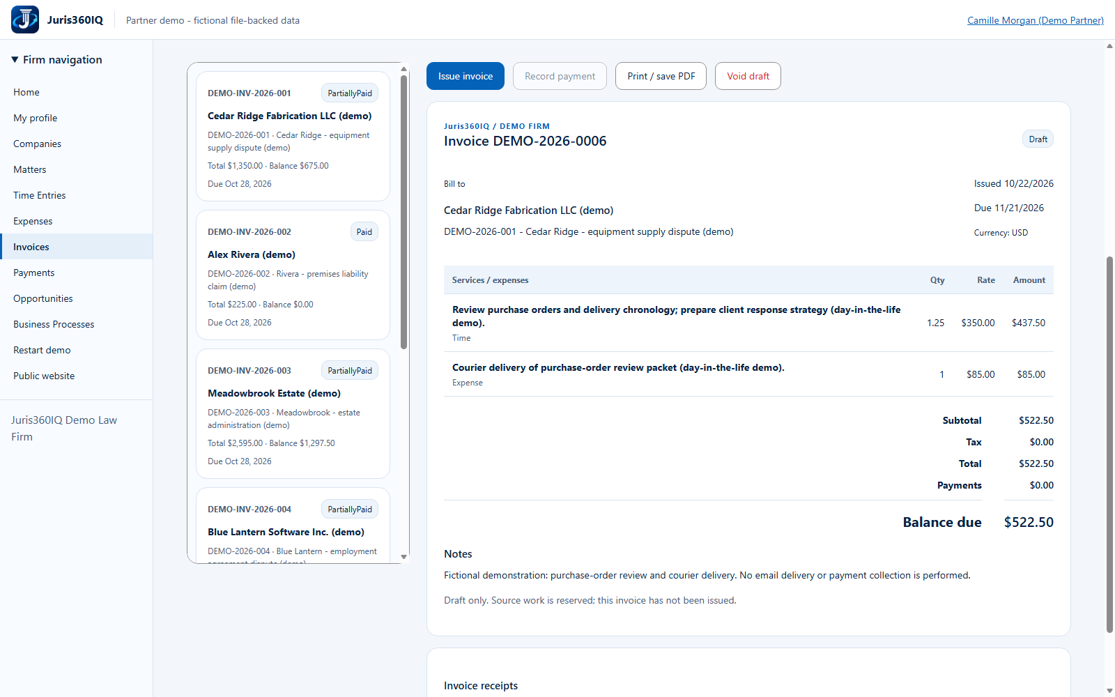 Inspect the saved invoice before issuing. Actual captured fictional application screen.