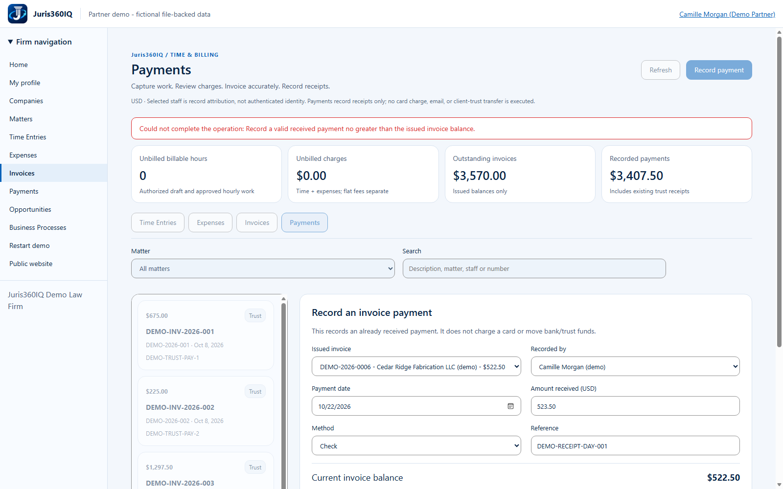 Rejected: the receipt exceeds the balance. Actual captured fictional application screen.