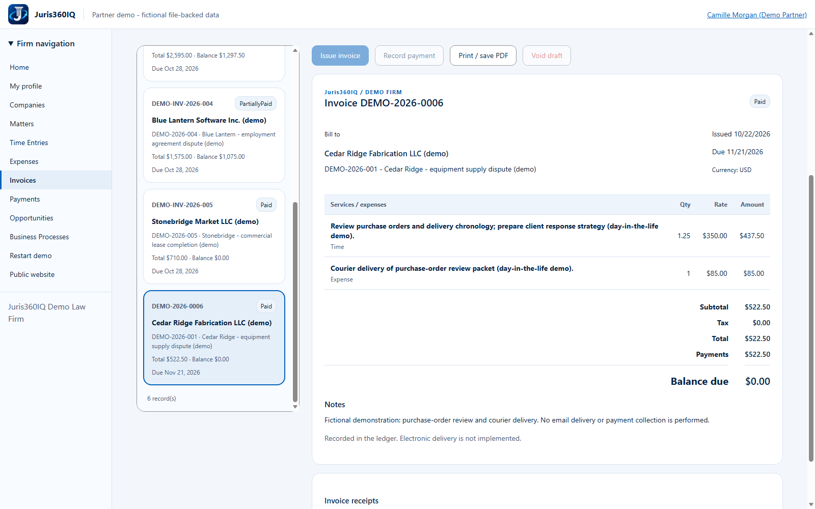 Reconcile the invoice to a zero balance. Actual captured fictional application screen.