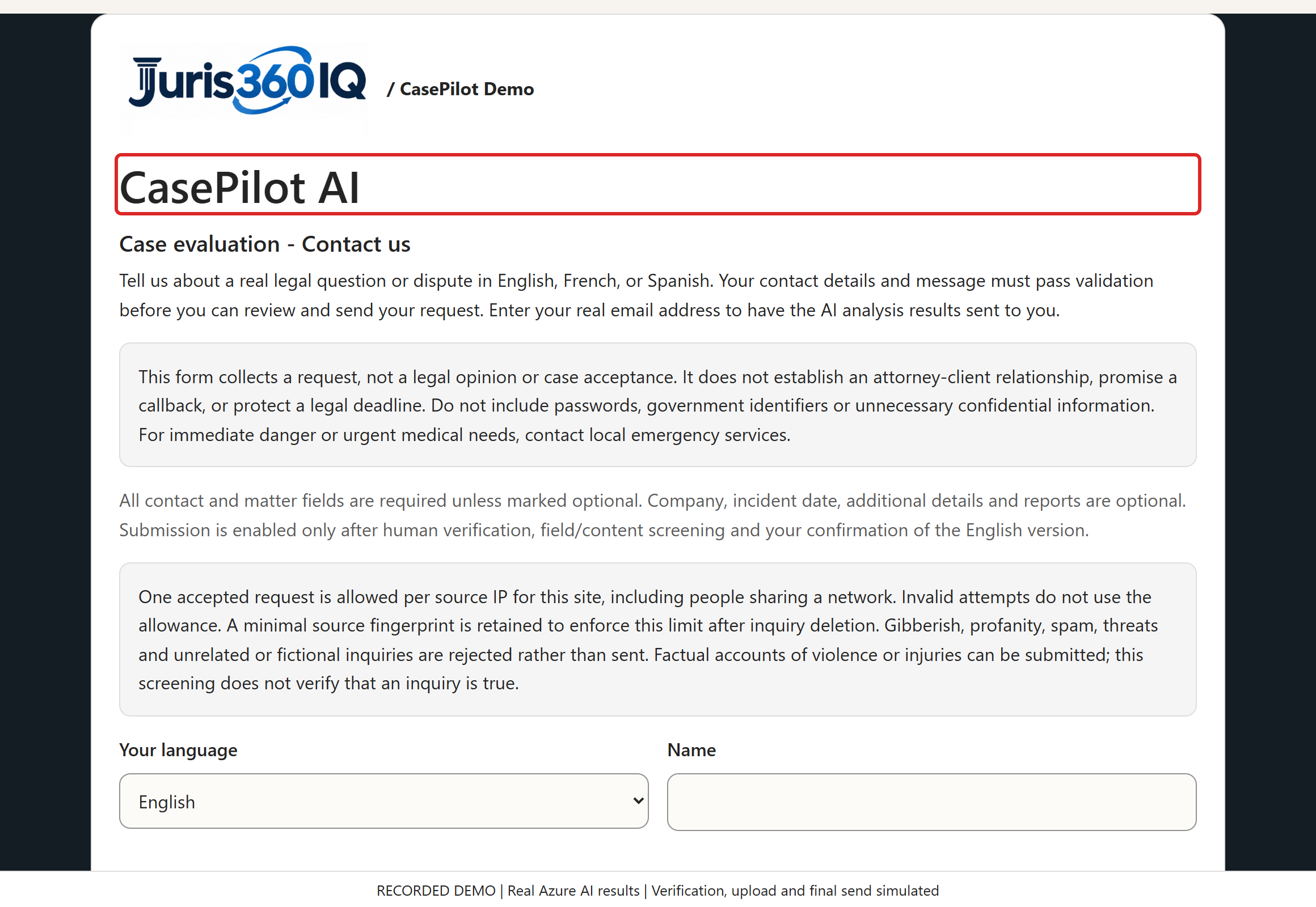 A guided, safer intake experience. The intake separates data-quality checks, contextual AI screening, evidence review and user confirmation.