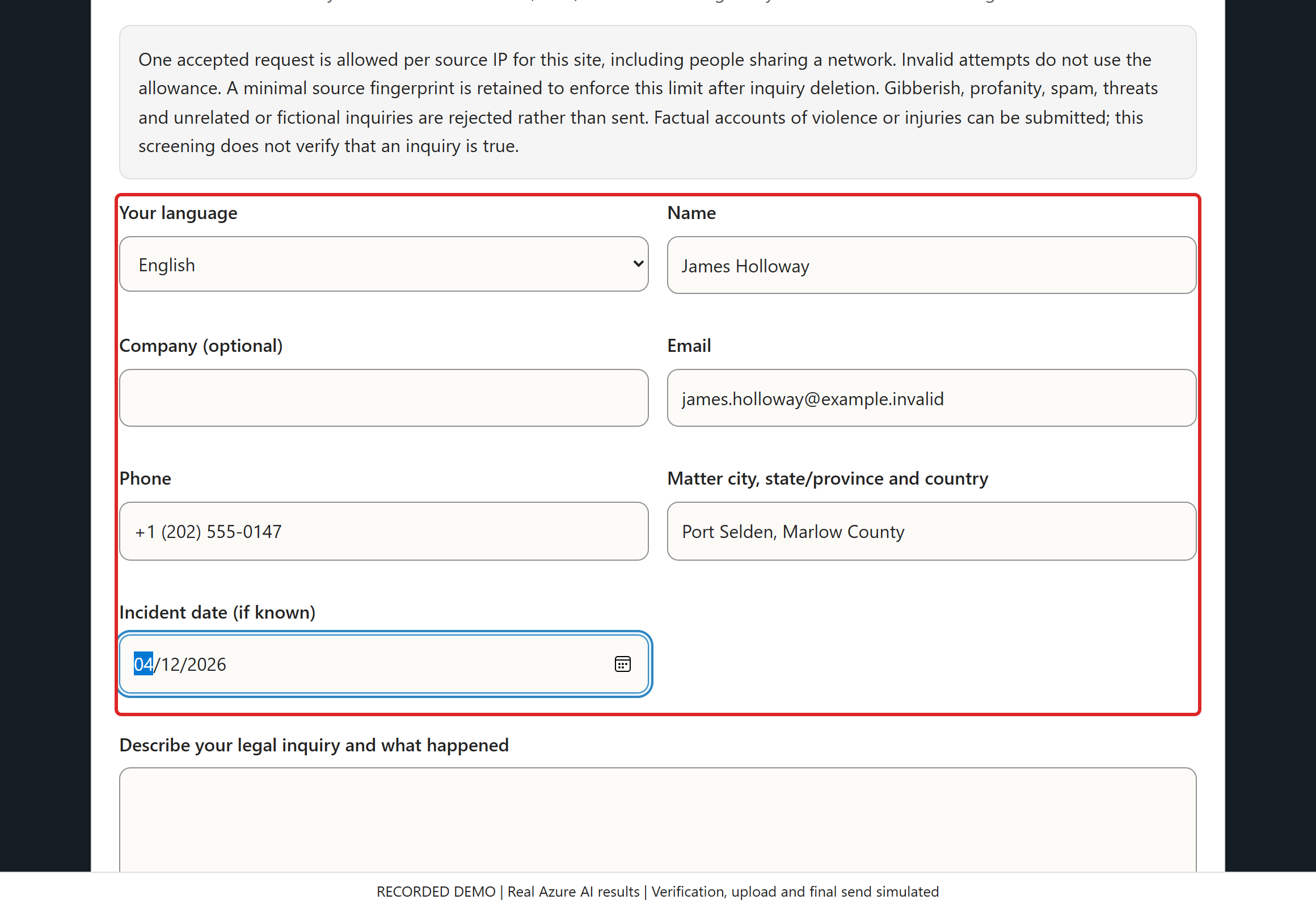 Enter clear contact and matter details. Required fields, email/phone formatting and date checks guide the user before a paid AI review.