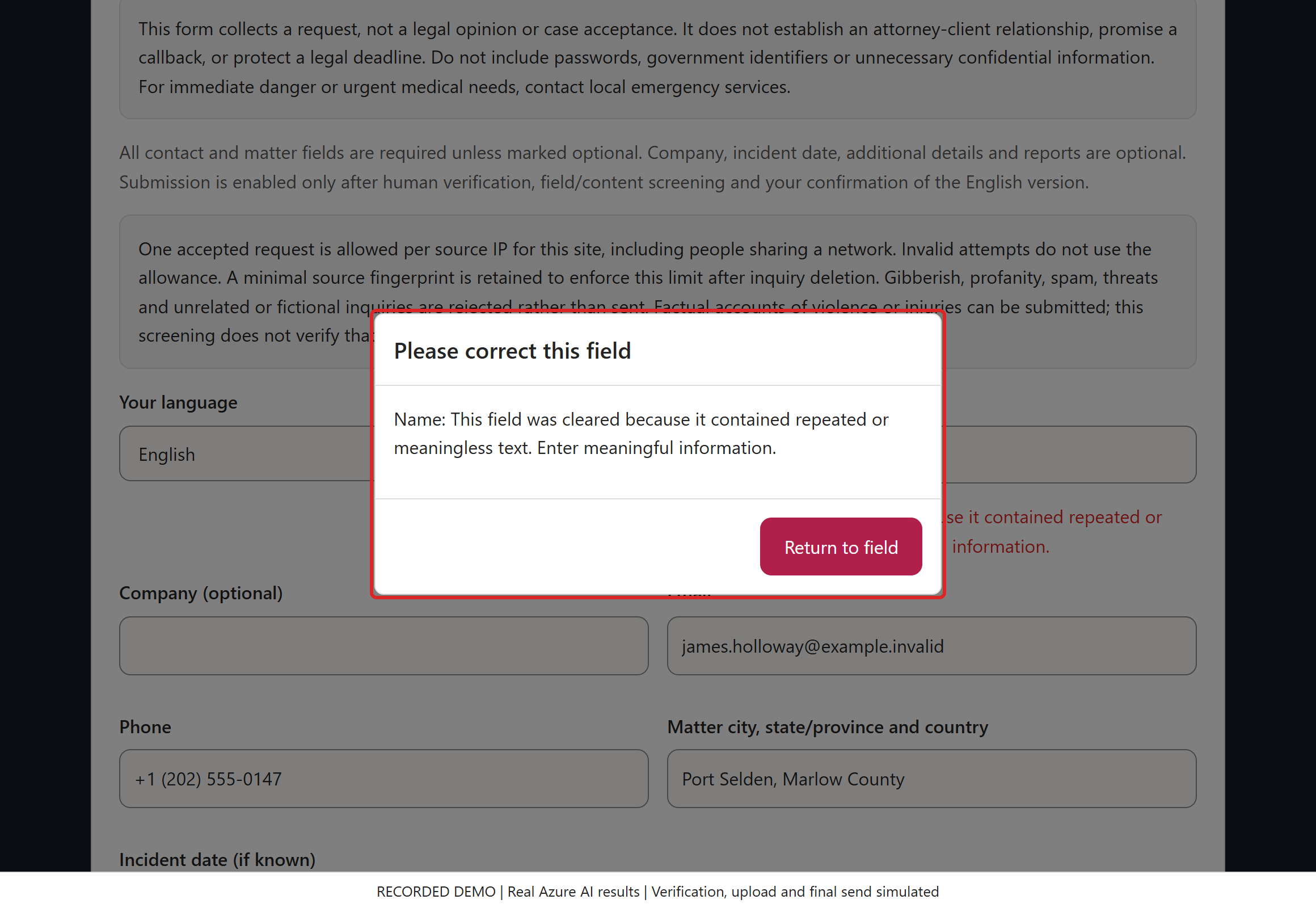 Explain why the input was cleared. The Name field is cleared because its text matched an obvious meaningless-repetition rule. Other fields remain intact.