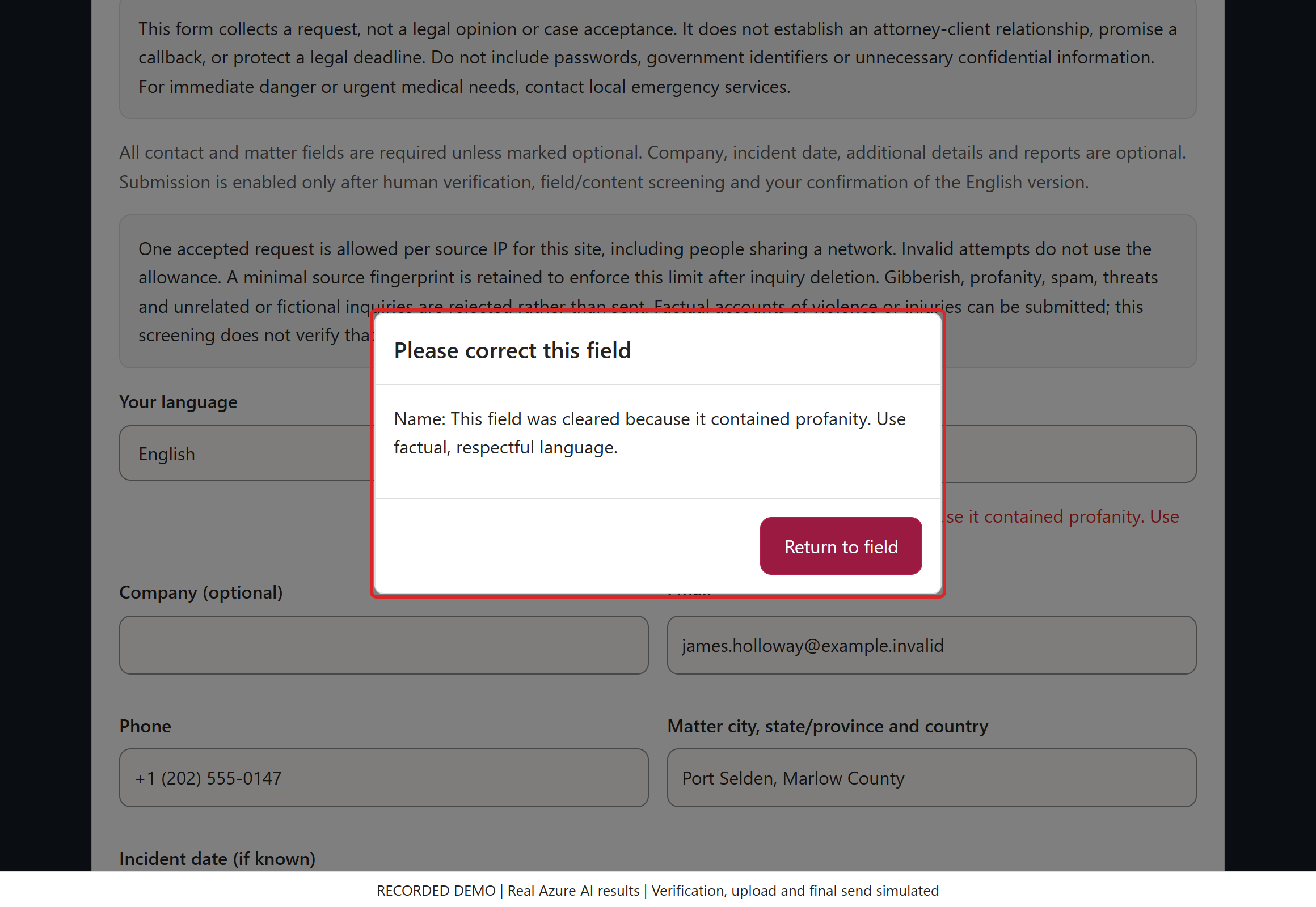 Reject profanity without echoing it. Only the offending field clears. The popup explains the reason without copying the rejected text into the warning.