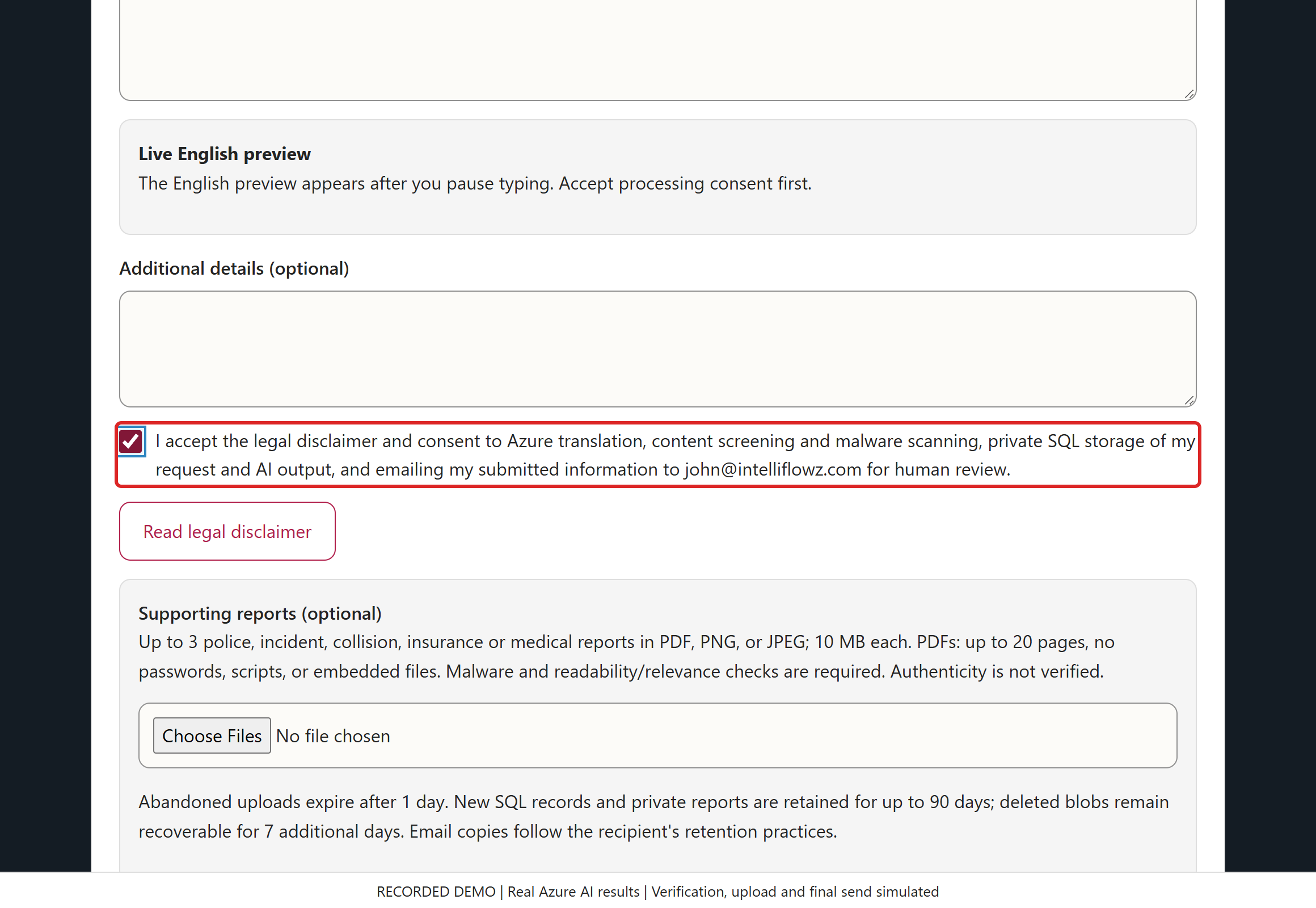 Explain processing and human verification. The live product requires consent and server-verified CAPTCHA before protected processing. The walkthrough cannot authorize a real request.