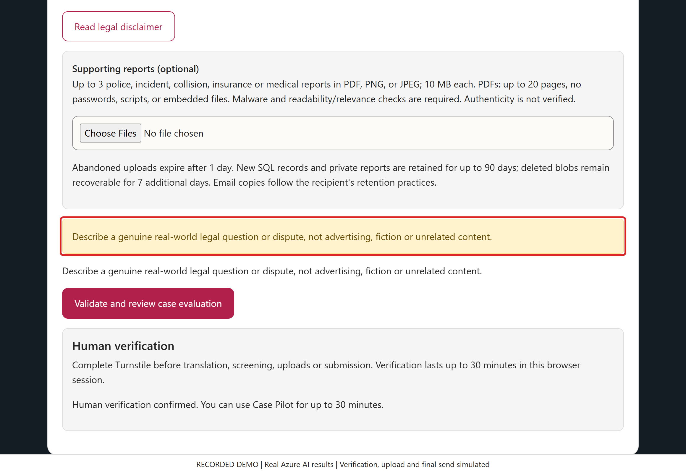 Azure rejects the fictional inquiry. The actual Azure verdict was category fiction. The safe message asks for a genuine real-world legal question; no submission approval is issued.