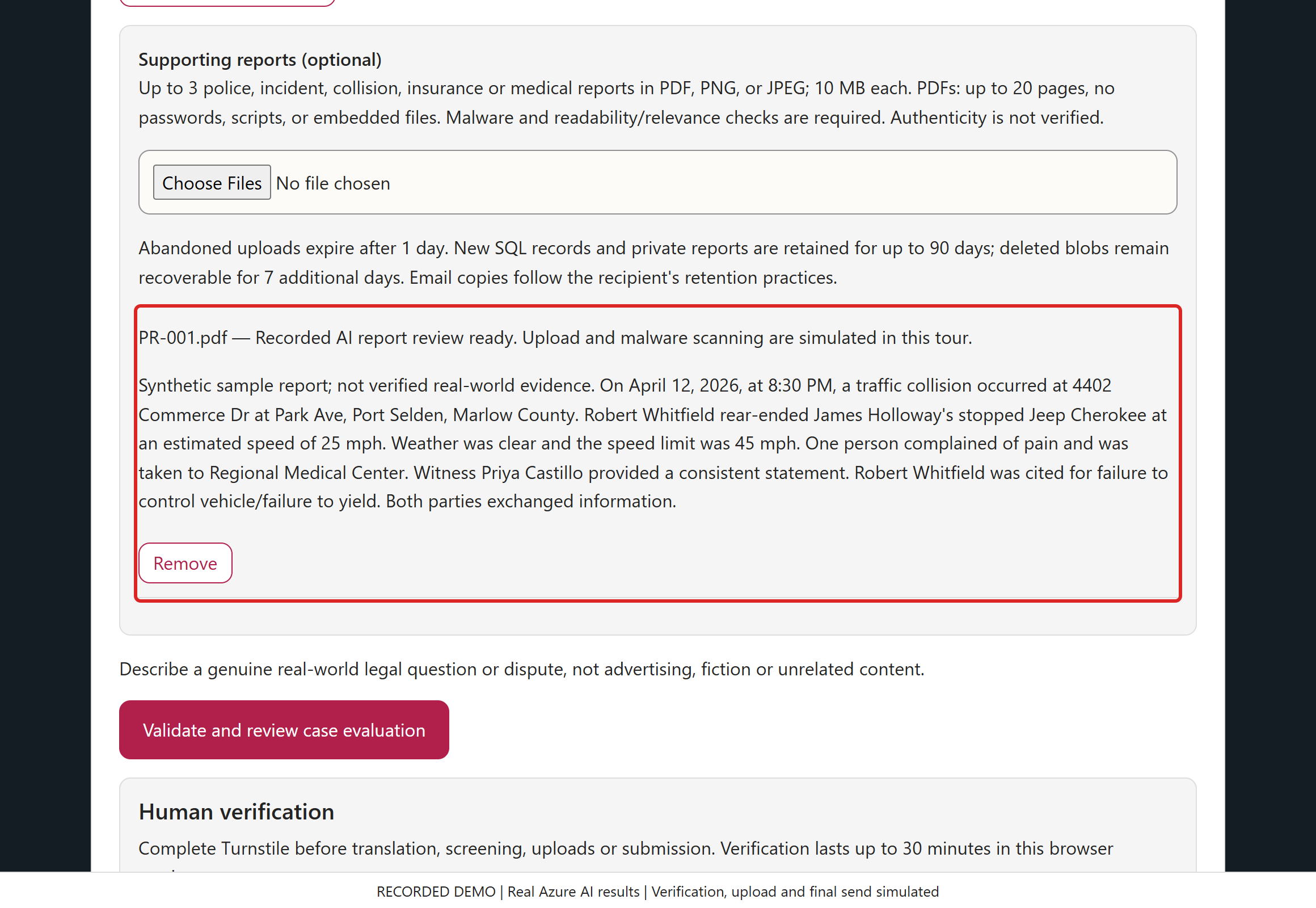 Associate the police report. Azure actually classified the PDF's extracted text as a police report. File transfer, quarantine and malware-scan completion are simulated in this tour.