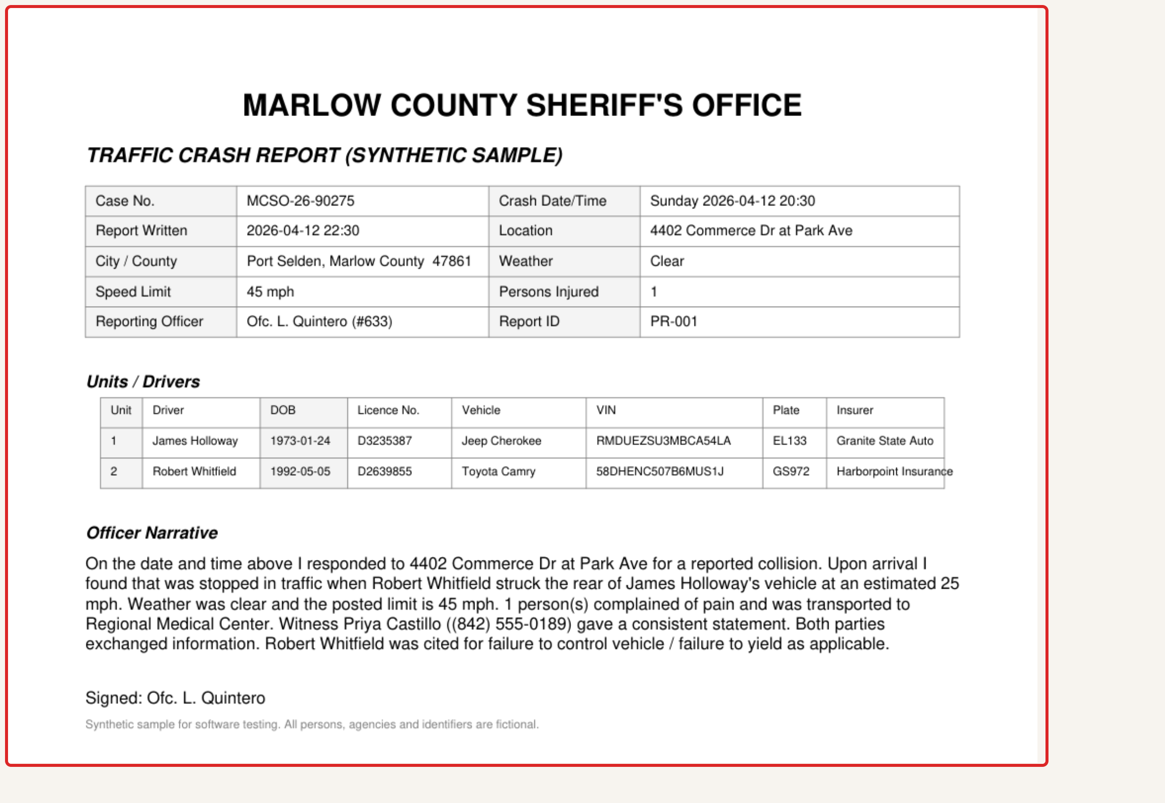 Read the source, not just the summary. The report is explicitly labeled a synthetic sample. A citation is reported evidence, not a final determination of civil liability.