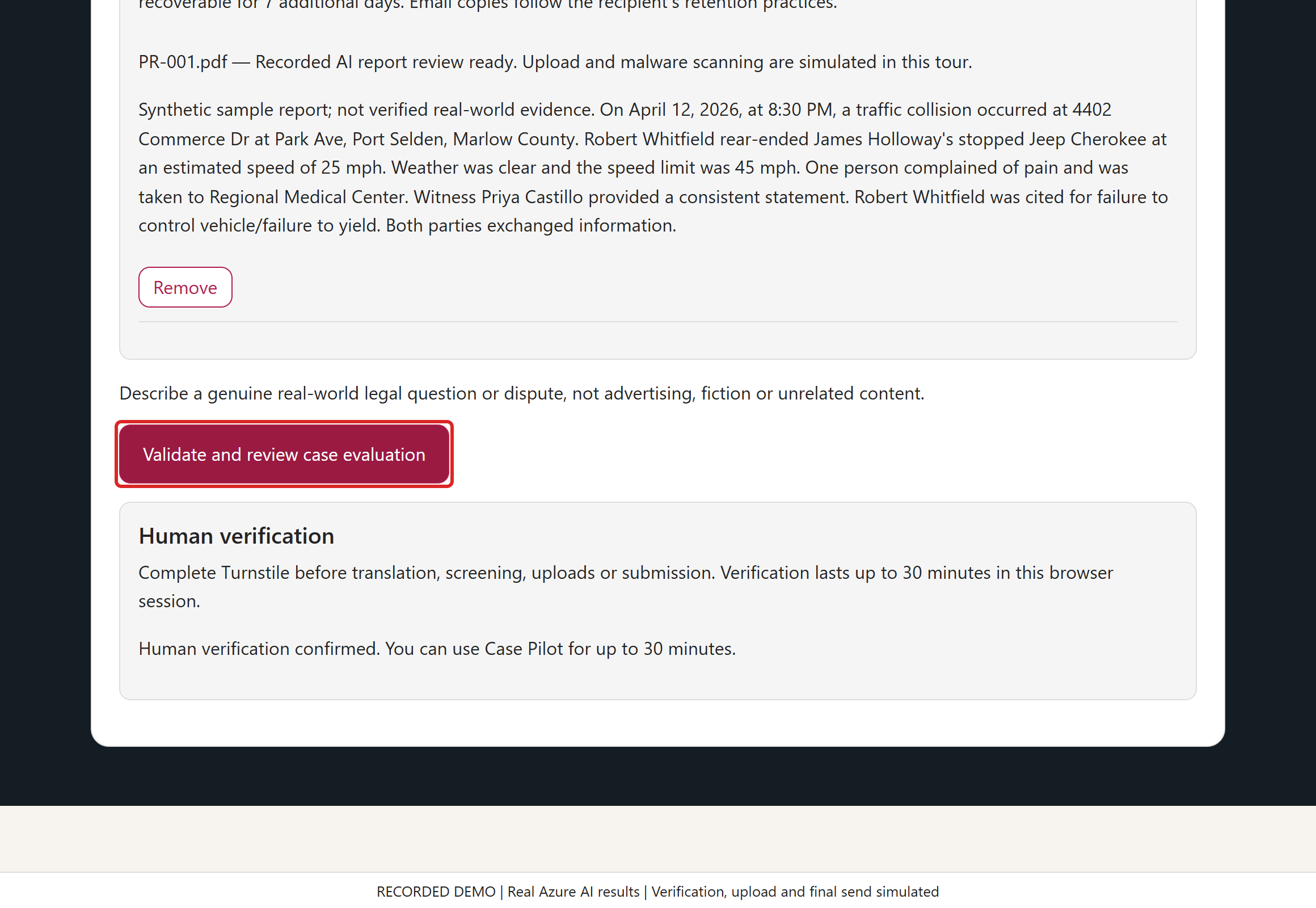 Request the English review and AI summary. In the live product this gates full screening, approved English and an independently checked lawyer brief combining the inquiry with the screened report.