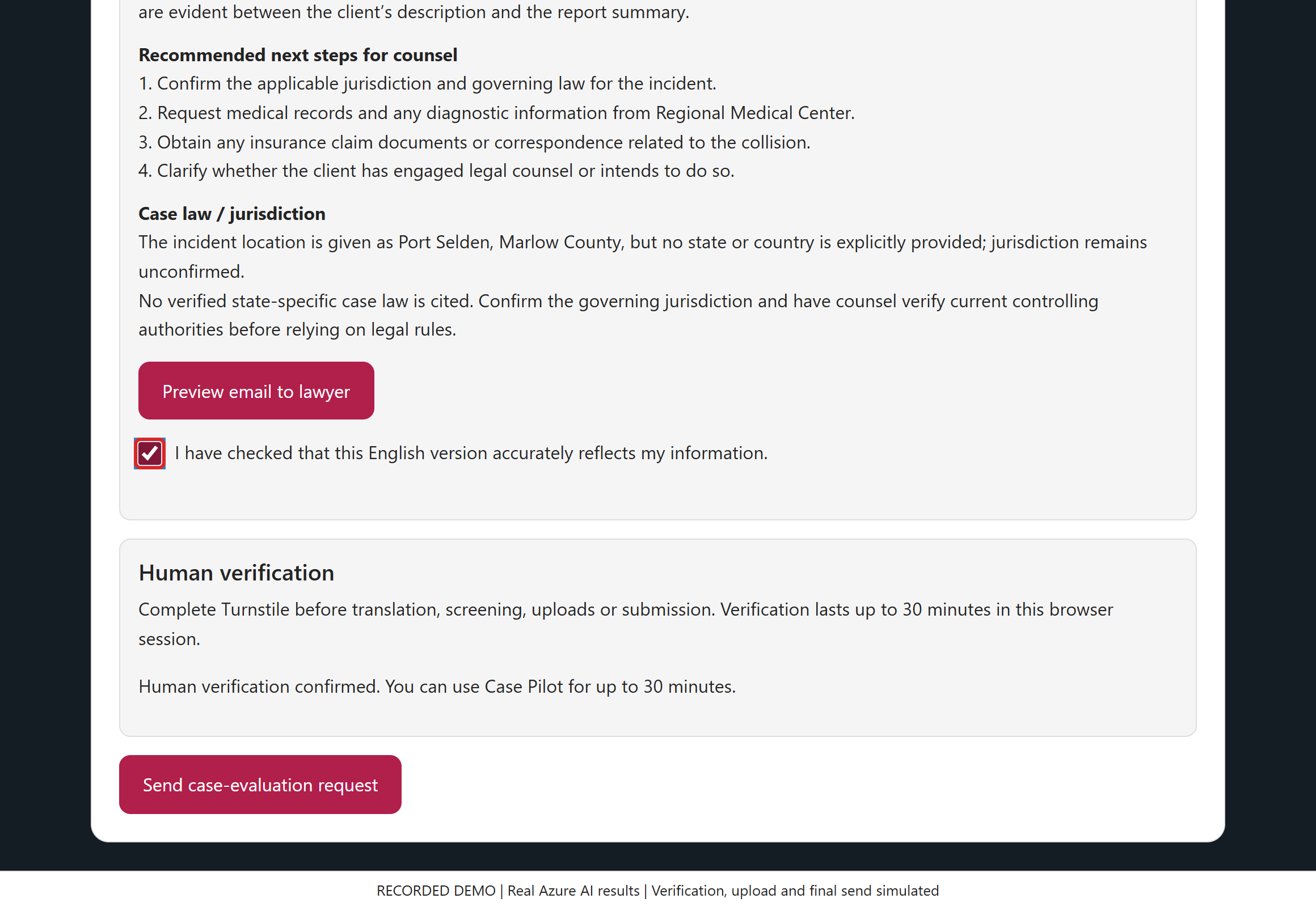 Keep the user in control of the handoff. Confirmation is required before sending; edits revoke prior approval. The next screens show the actual combined analysis and full proposed email, without sending it.