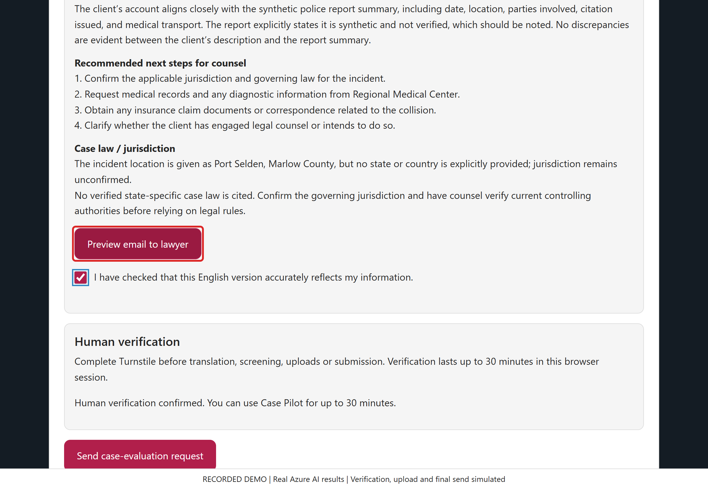 Preview the complete lawyer handoff. The draft uses the same server formatter as actual delivery. It contains the combined analysis, report summary, next steps, jurisdiction limitation and original inquiry.