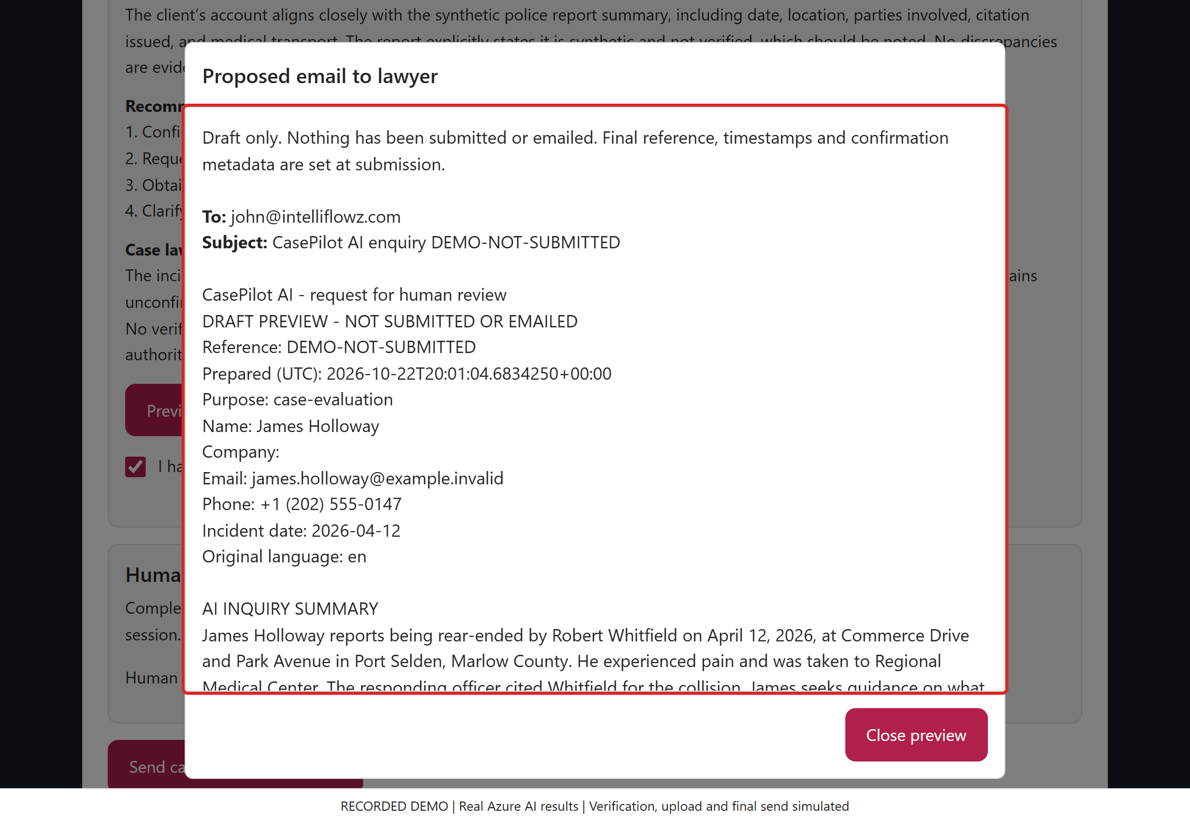Preview the email: inquiry summary. The actual delivery formatter supplies this content. Draft labels distinguish a preview from a saved submission or delivered email.
