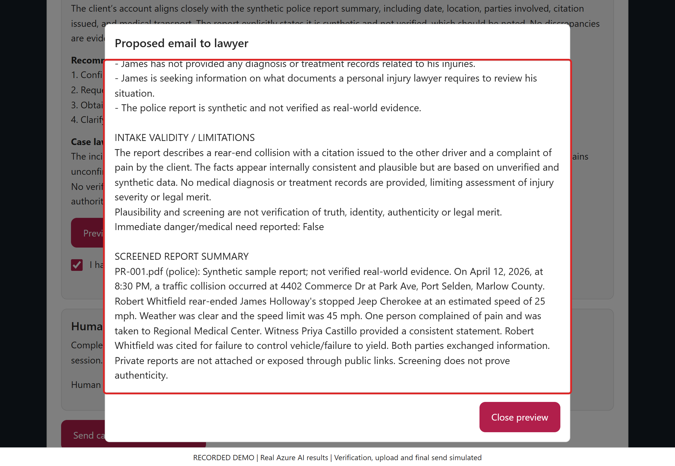 Read the report summary and comparison. PR-001 is explicitly synthetic. Its witness and citation details are reported evidence, not a final finding of civil liability.