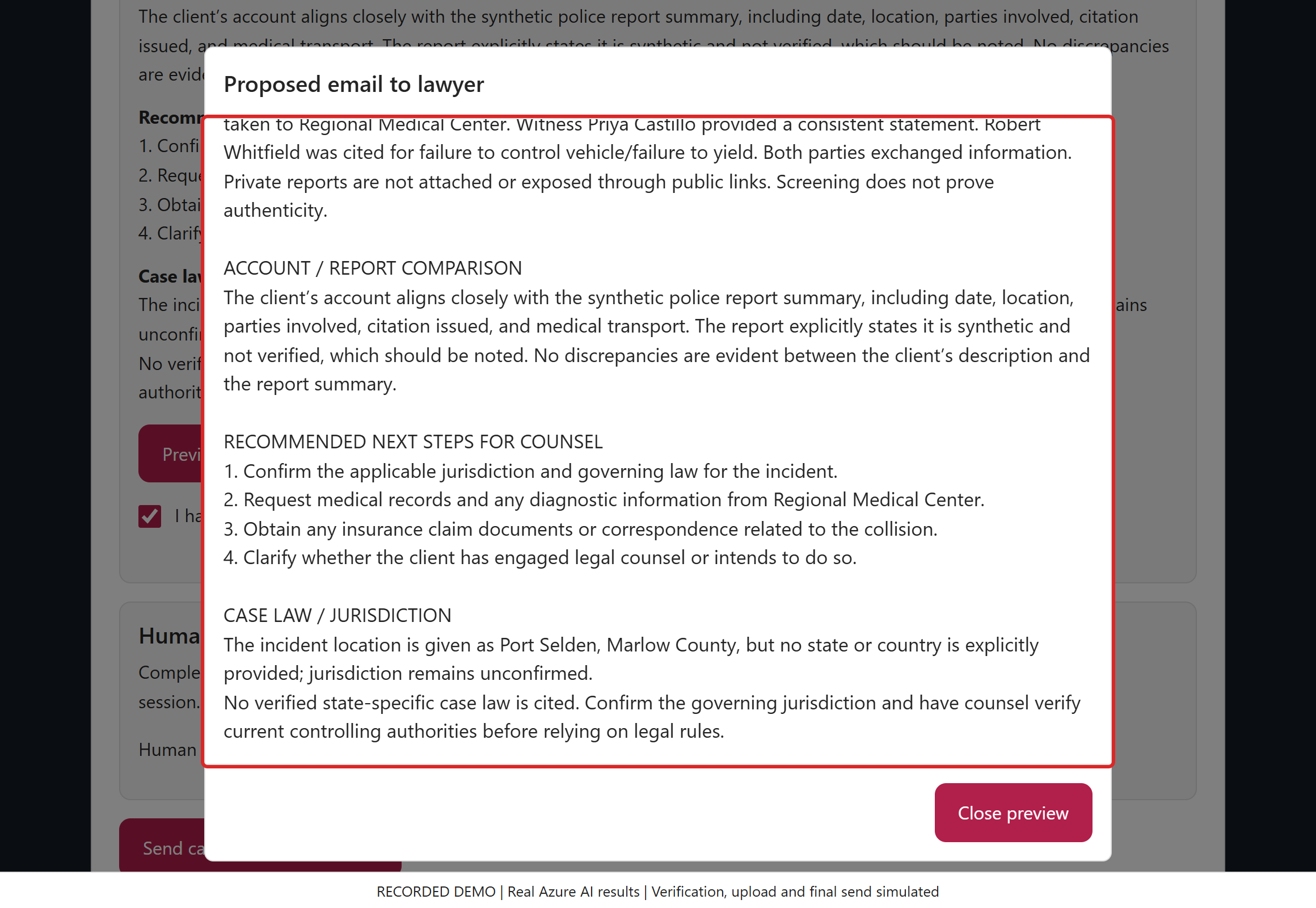 Review next steps and case-law limits. No real state or country is named. The analysis invents no cases; counsel must confirm jurisdiction and verify controlling authorities.