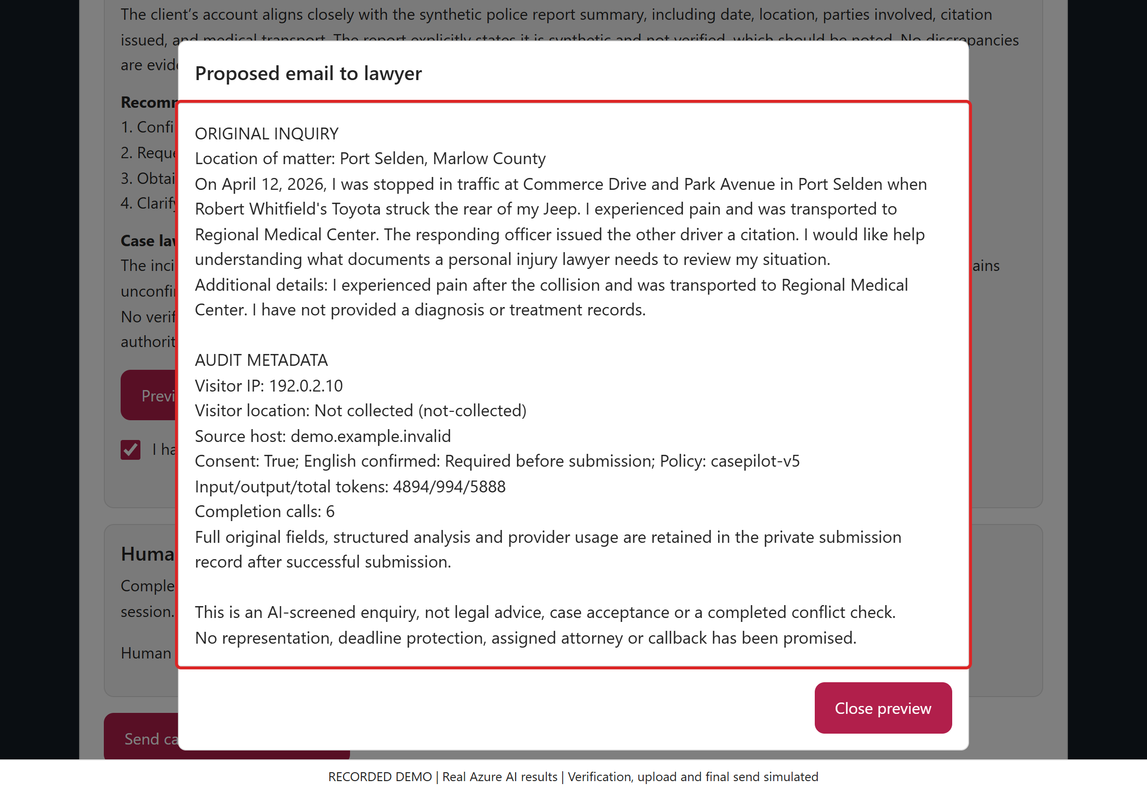 Finish with an auditable draft. No SQL row or email was created here. Production submission saves the complete analysis before activating its durable email outbox.