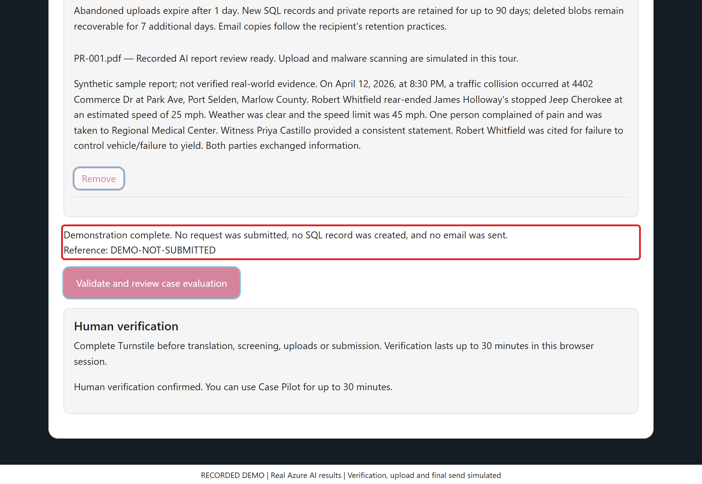 Finish with an honest demo receipt. The reference is DEMO-NOT-SUBMITTED. No SQL inquiry, live storage upload or notification email was created.